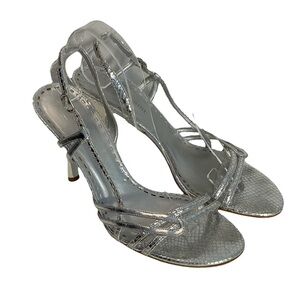 Gianni Bini Metallic Silver Leather Snakeskin Strappy Dressy Heels Sandals Sz 9